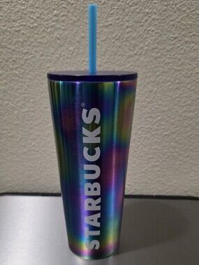 Starbucks Stainless Steele Iridescent Rainbow Tumbler with Dark Blue Lid